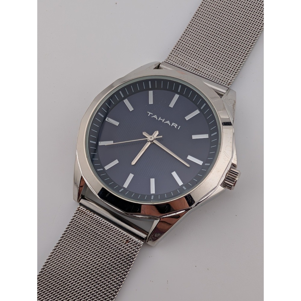Tahari Watch Men 45mm Case Blue Dial Mesh Metal Adjustable Band- New Battery
